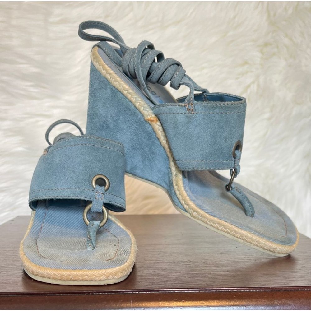 Nicole ‘Monarch’ Blue Leather Upper Lace up Espadrille Wedge Sandal Size 8M